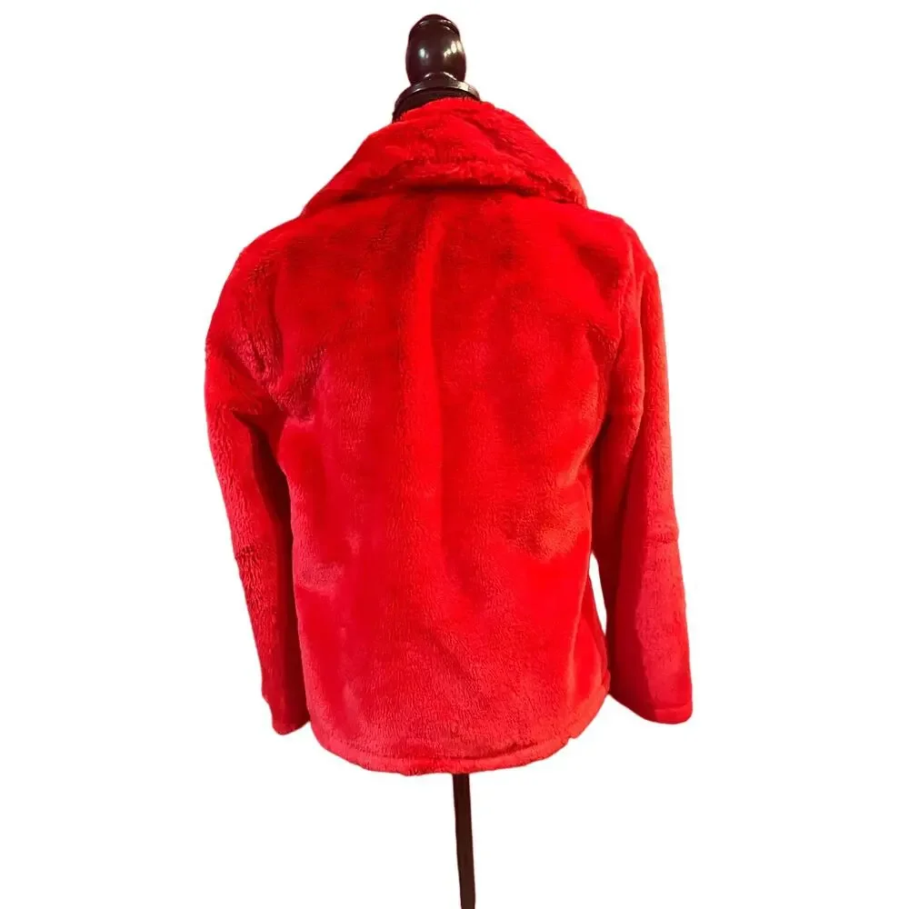 Melissa Paige Womens Red Fuzzy Fleece Jacket Collar One hook Closure Soft Small